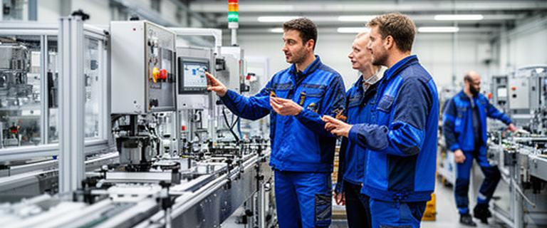 Produktionsmitarbeitende an einer modernen Fertigungslinie bei der Prozessbesprechung